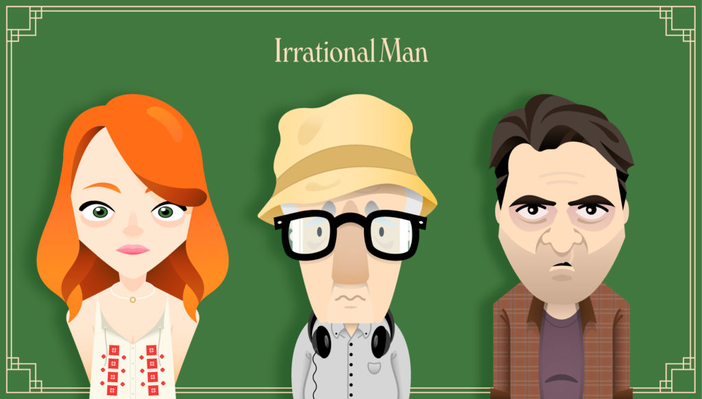 3 caricature illustrations (from left to right) of Emma Stone, Woody Allen, and Joaquin Phoenix, against a green background with the title of their film "Irrational Man" above them.