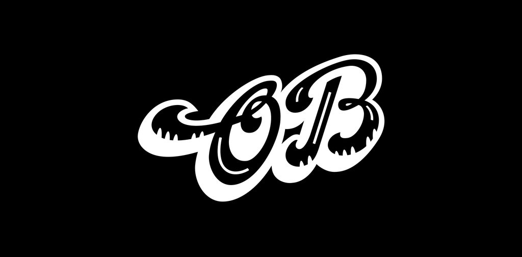 Opposite Box - initials logo (black and white on black background)