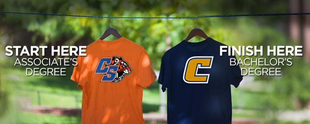 "Start Here with an Associate's Degree" next to a ChattState t-shirt, then "Finish Here with a Bachelor's Degree" next to a UTC t-shirt