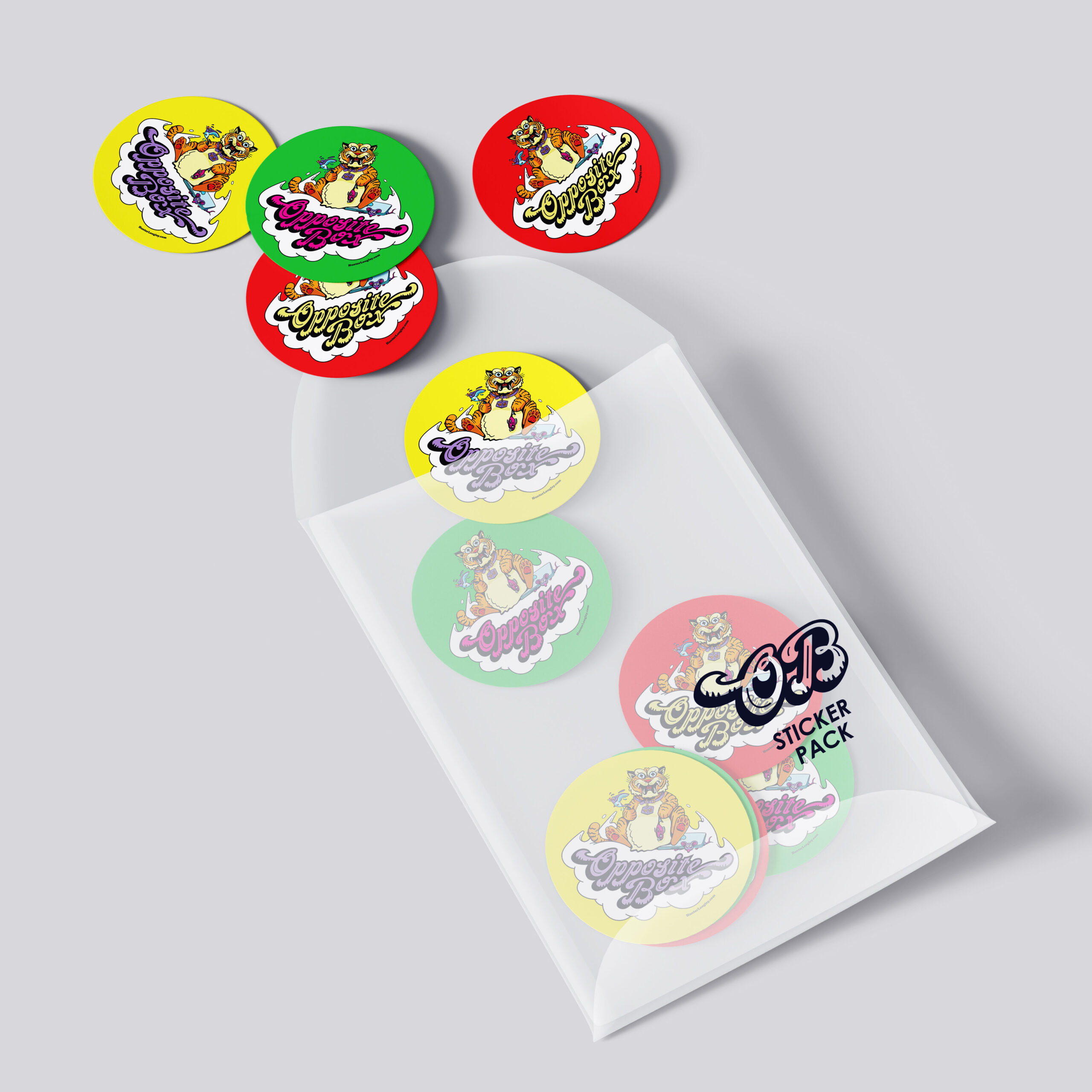 sicker pack containing yellow, red, and green variants of Opposite Box tiger illustration