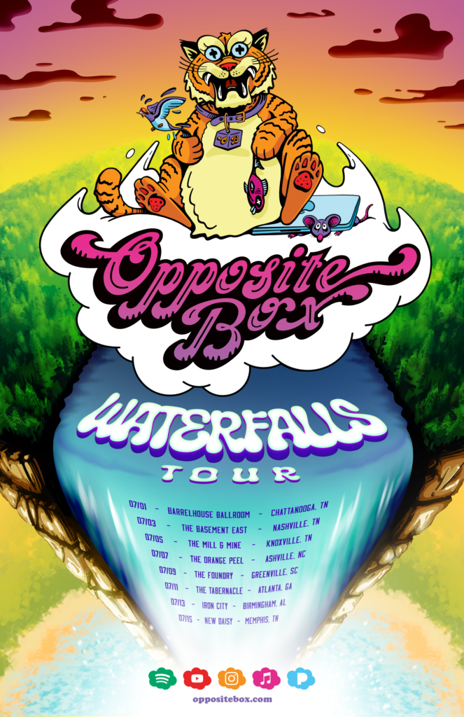 Opposite Box band poster for "Waterfalls Tour"; shows and illustrated tiger on a flying cloud above a waterfall and forest