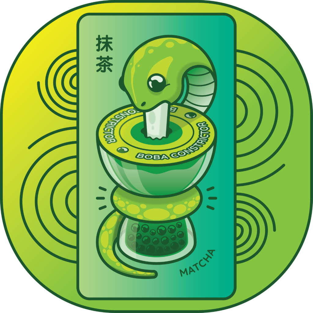 Boba Constrictor snake and cup illustration - matcha flavor
