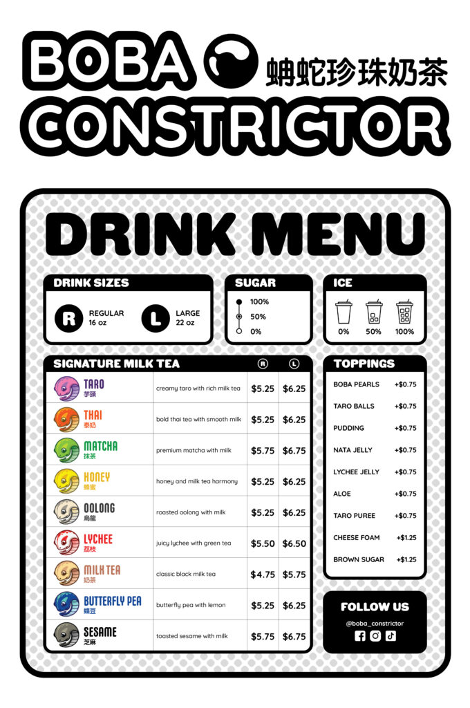Boba Constrictor drink menu