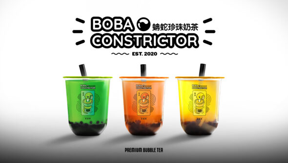 Boba Constrictor photo of 3 cups of different colors and flavors: matcha, thai, and honey