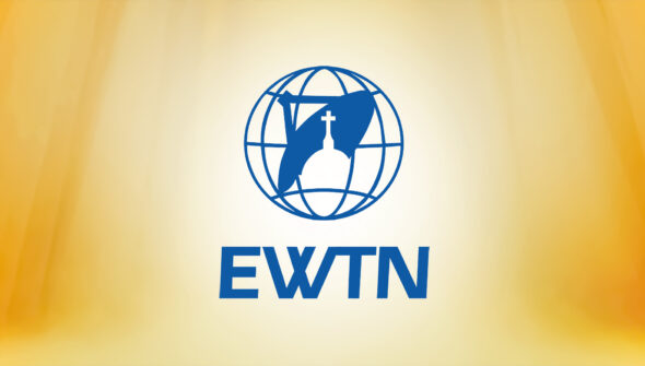 blue EWTN logo against a background of golden light